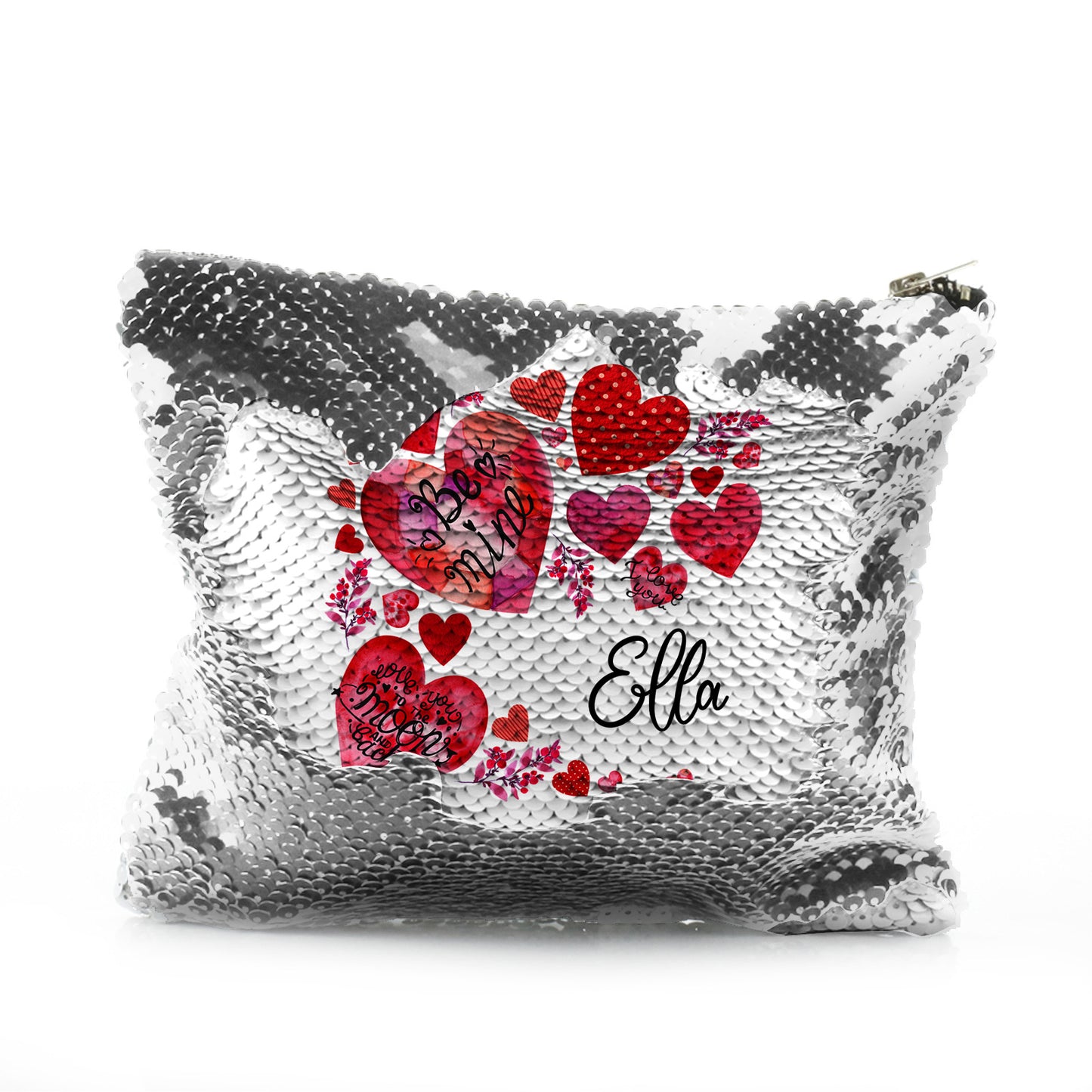 Personalised Sequin Zip Bag with Stylish Text and Material Hearts Love Message Print