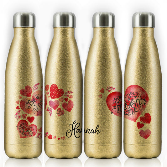 Personalised Cola Bottle with Stylish Text and Material Hearts Love Message Print