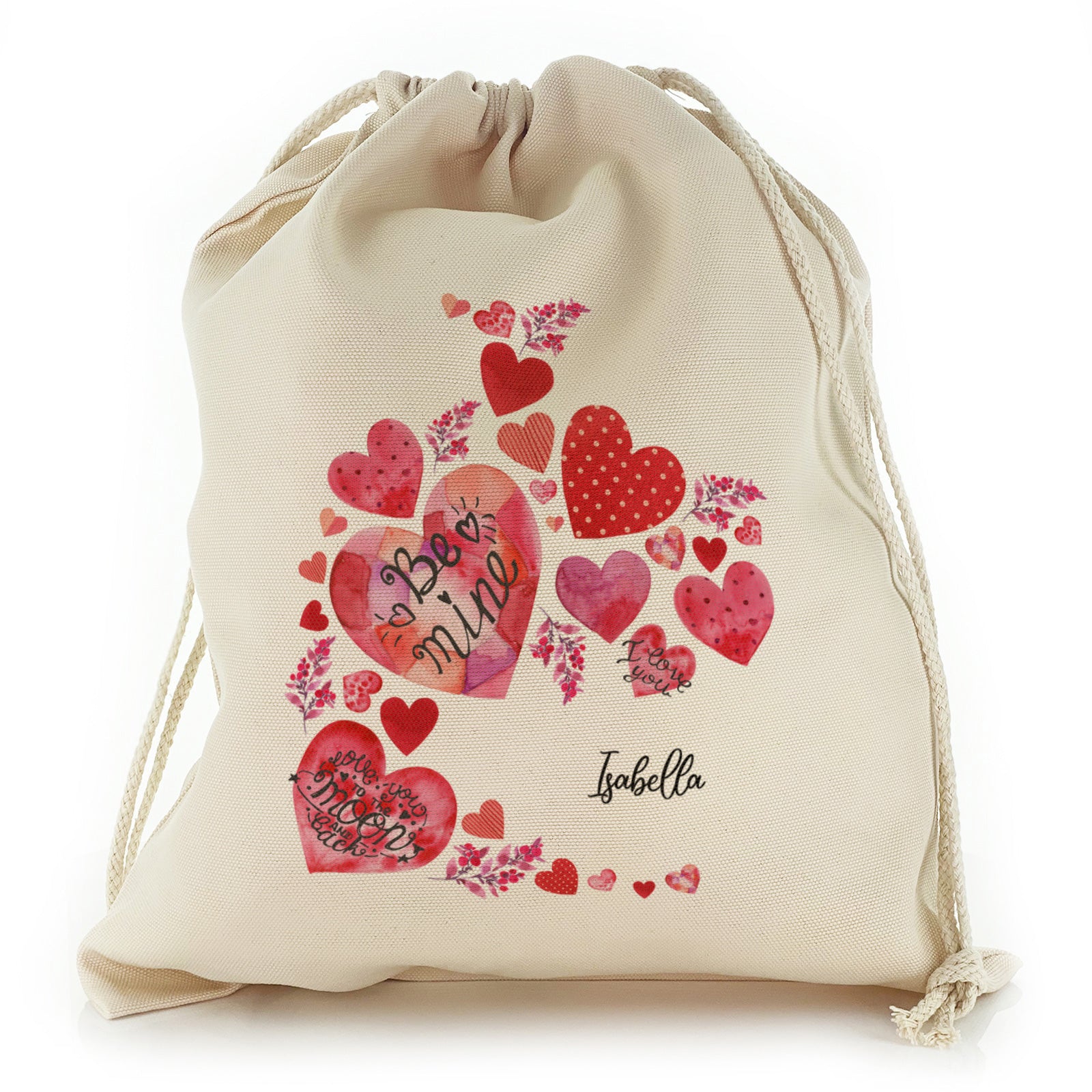 Personalised Canvas Sack with Stylish Text and Material Hearts Love Message Print