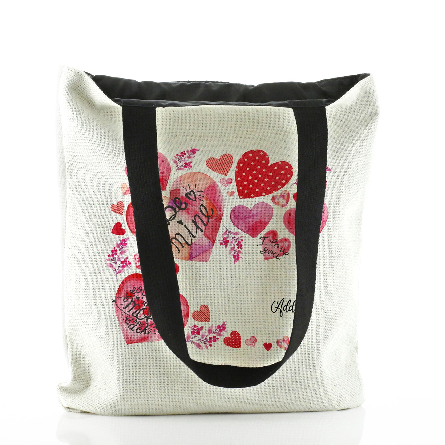 Personalised White Tote Bag with Stylish Text and Material Hearts Love Message Print