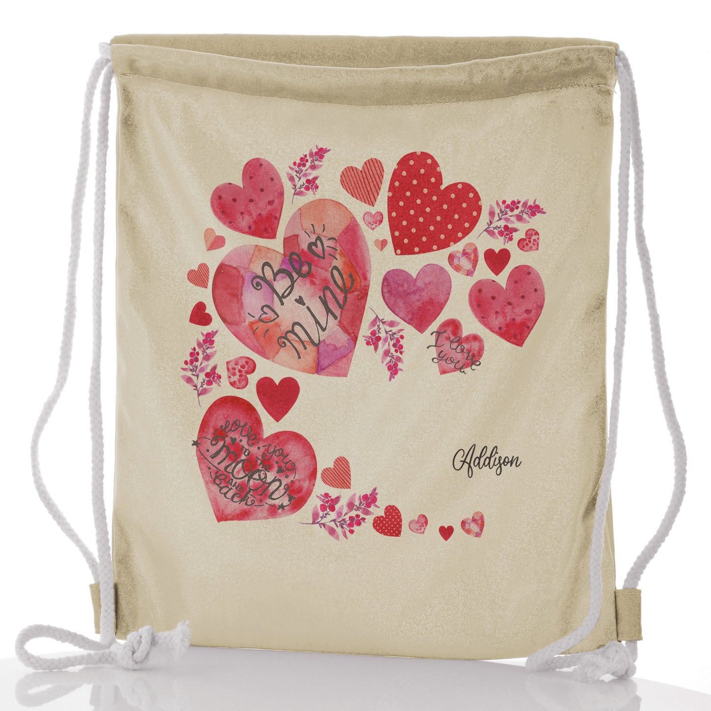 Personalised Glitter Drawstring Backpack with Stylish Text and Material Hearts Love Message Print