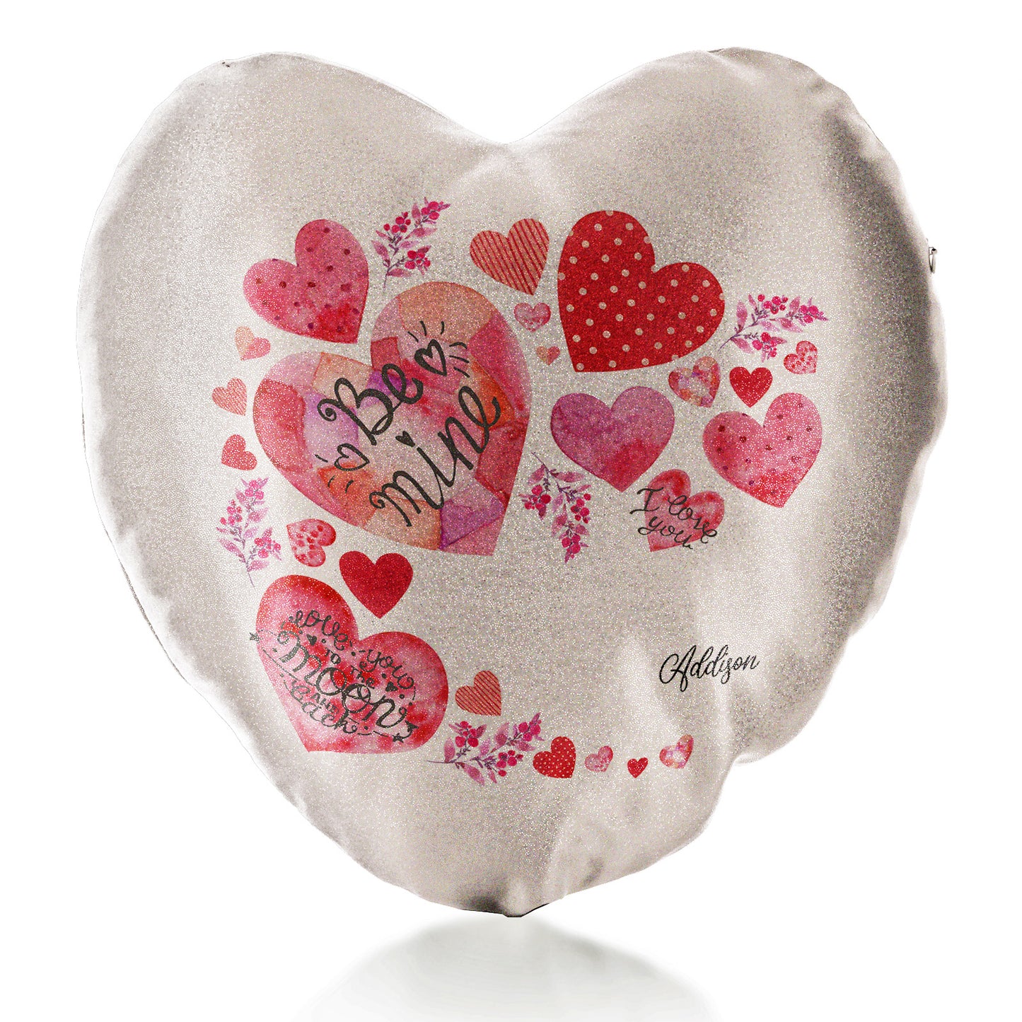 Personalised Glitter Heart Cushion with Stylish Text and Material Hearts Love Message Print