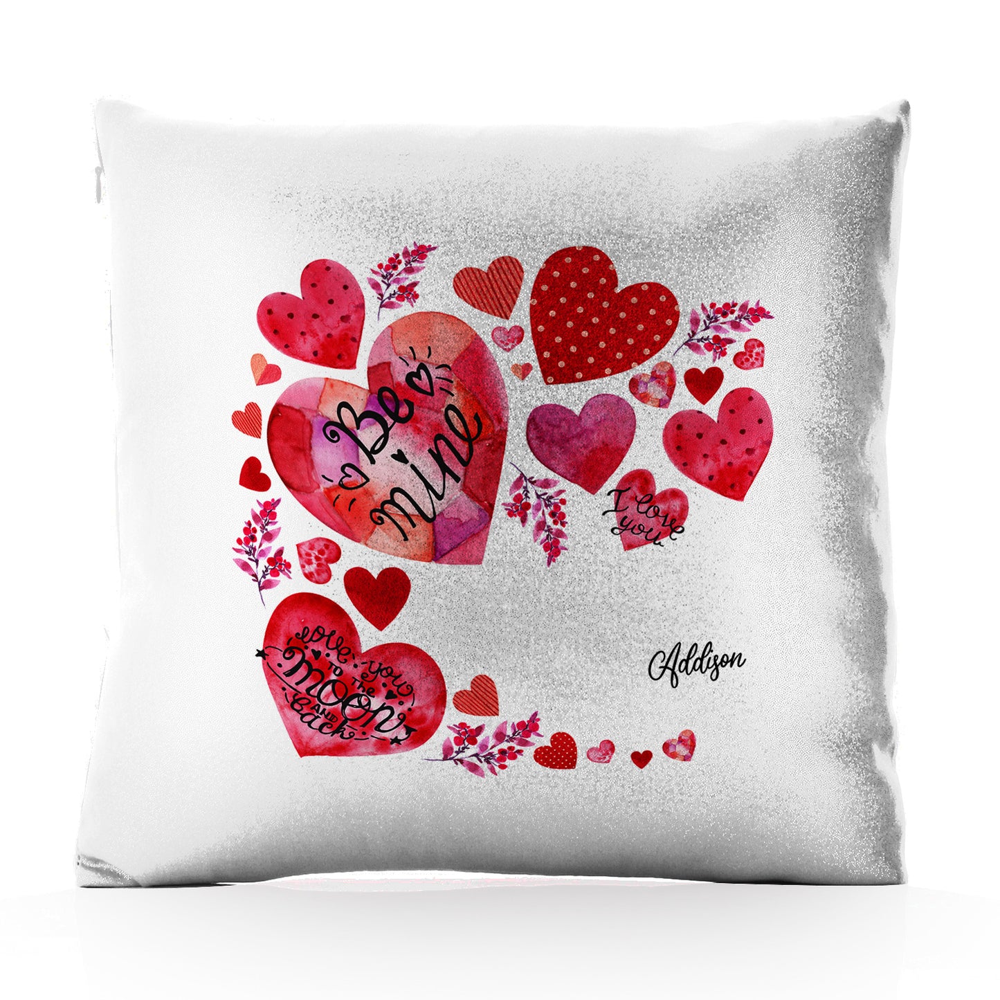 Personalised Glitter Cushion with Stylish Text and Material Hearts Love Message Print
