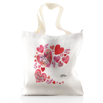 Personalised Glitter Tote Bag with Stylish Text and Material Hearts Love Message Print