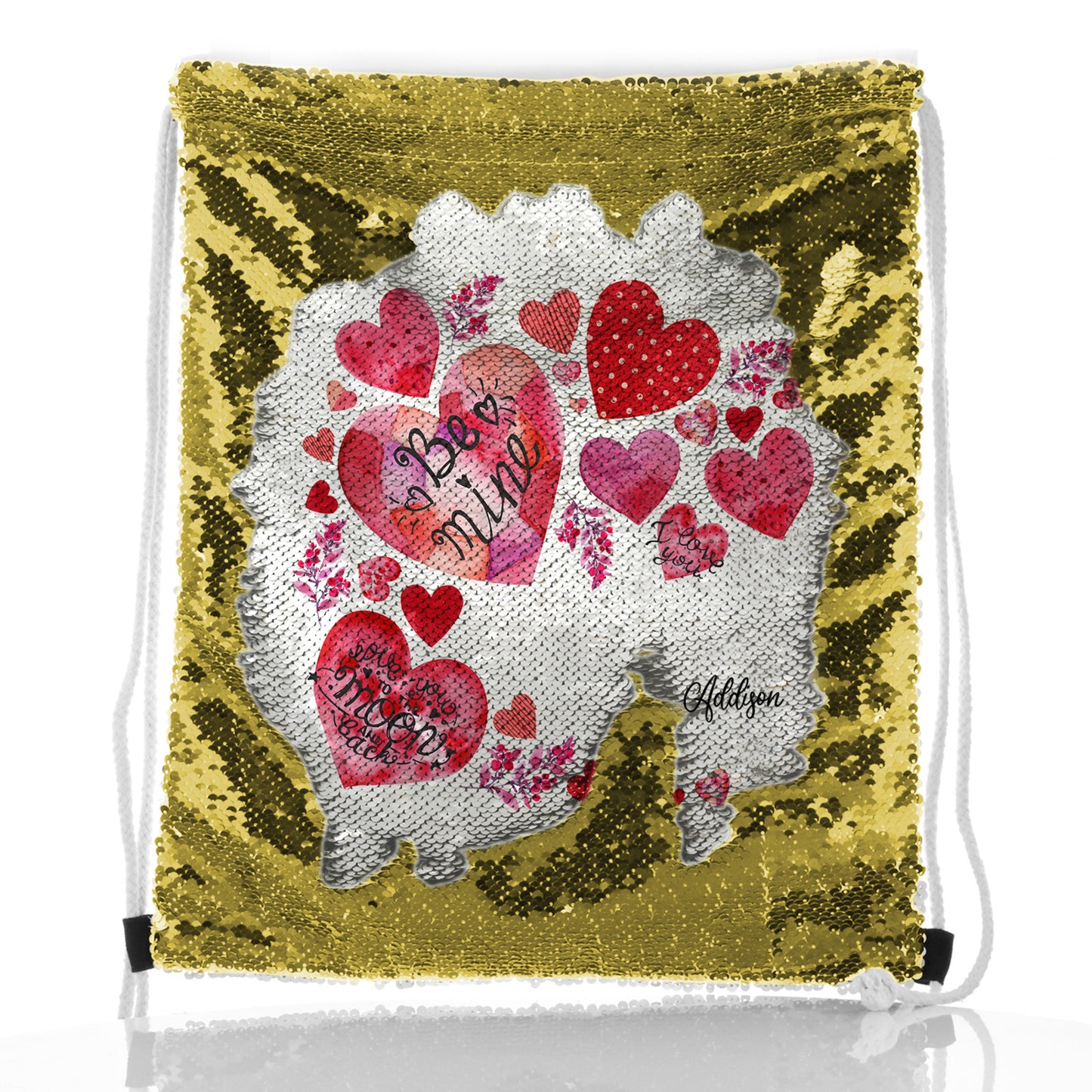 Personalisierter Pailletten-Rucksack mit Kordelzug und stilvollem Text und Material-Herzen-Liebesbotschaftsdruck