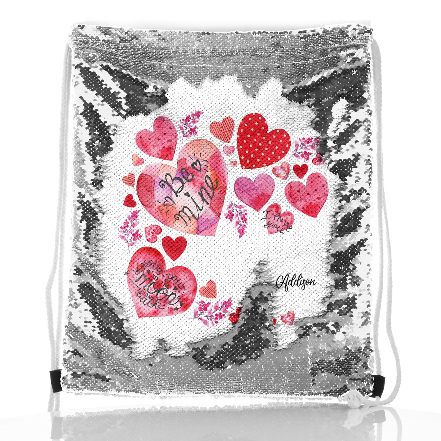 Personalised Sequin Drawstring Backpack with Stylish Text and Material Hearts Love Message Print