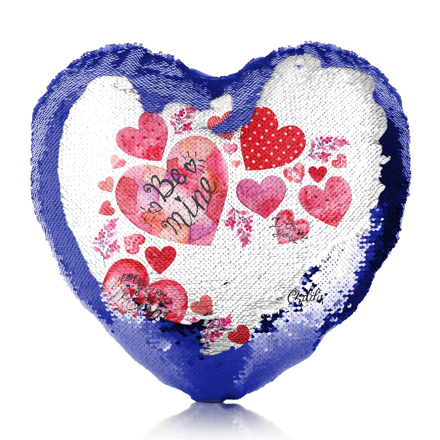 Personalised Sequin Heart Cushion with Stylish Text and Material Hearts Love Message Print
