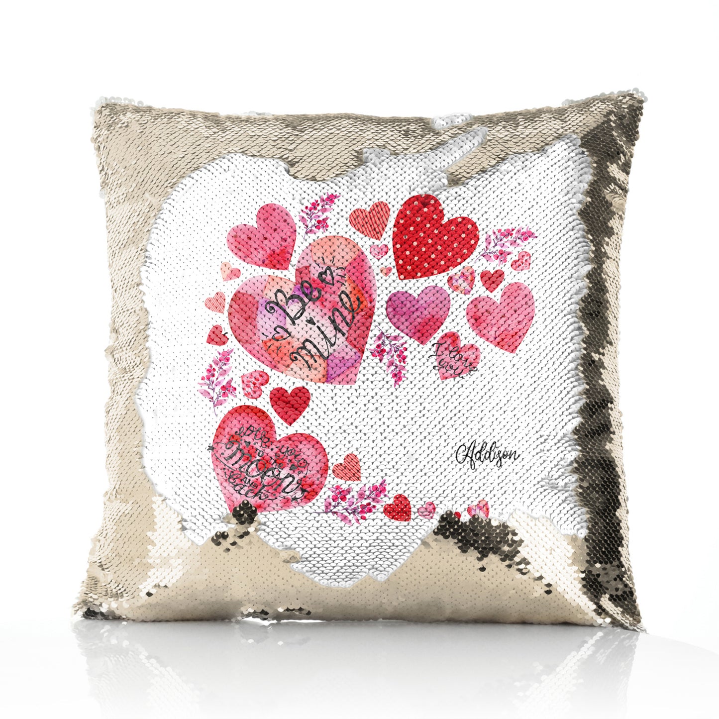 Personalised Sequin Cushion with Stylish Text and Material Hearts Love Message Print