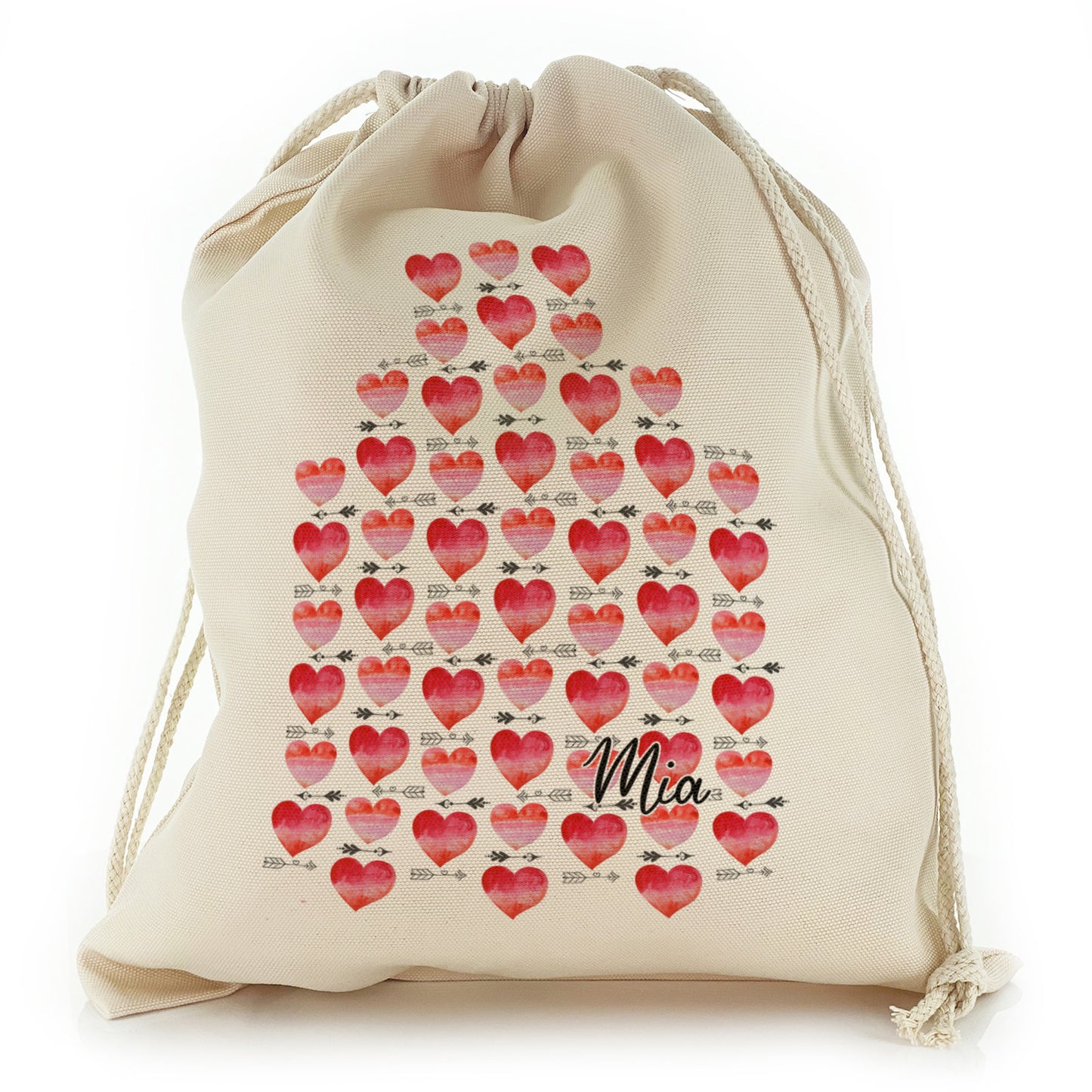 Personalised Canvas Sack with Stylish Text and Arrow Love Hearts Print