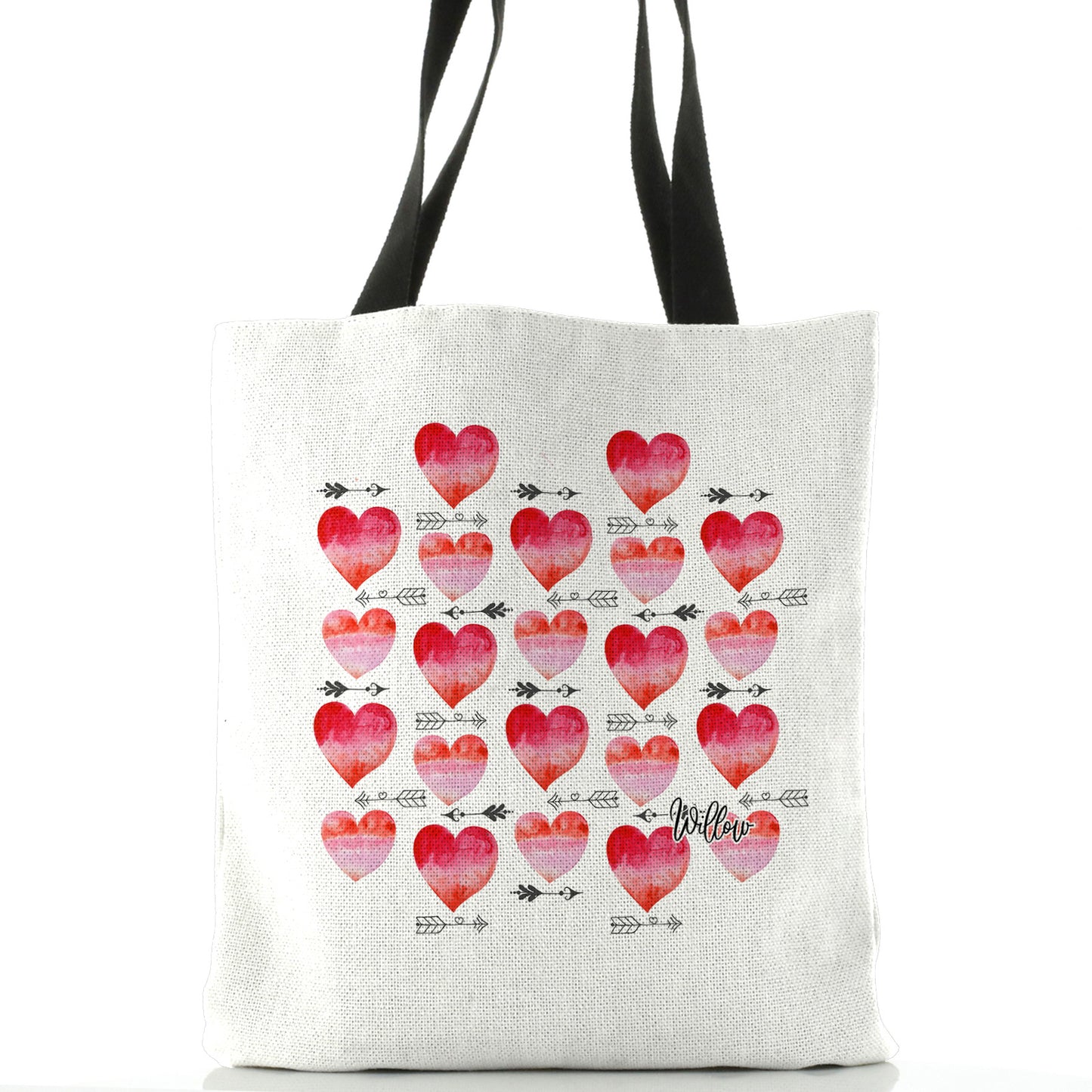 Personalised White Tote Bag with Stylish Text and Arrow Love Hearts Print