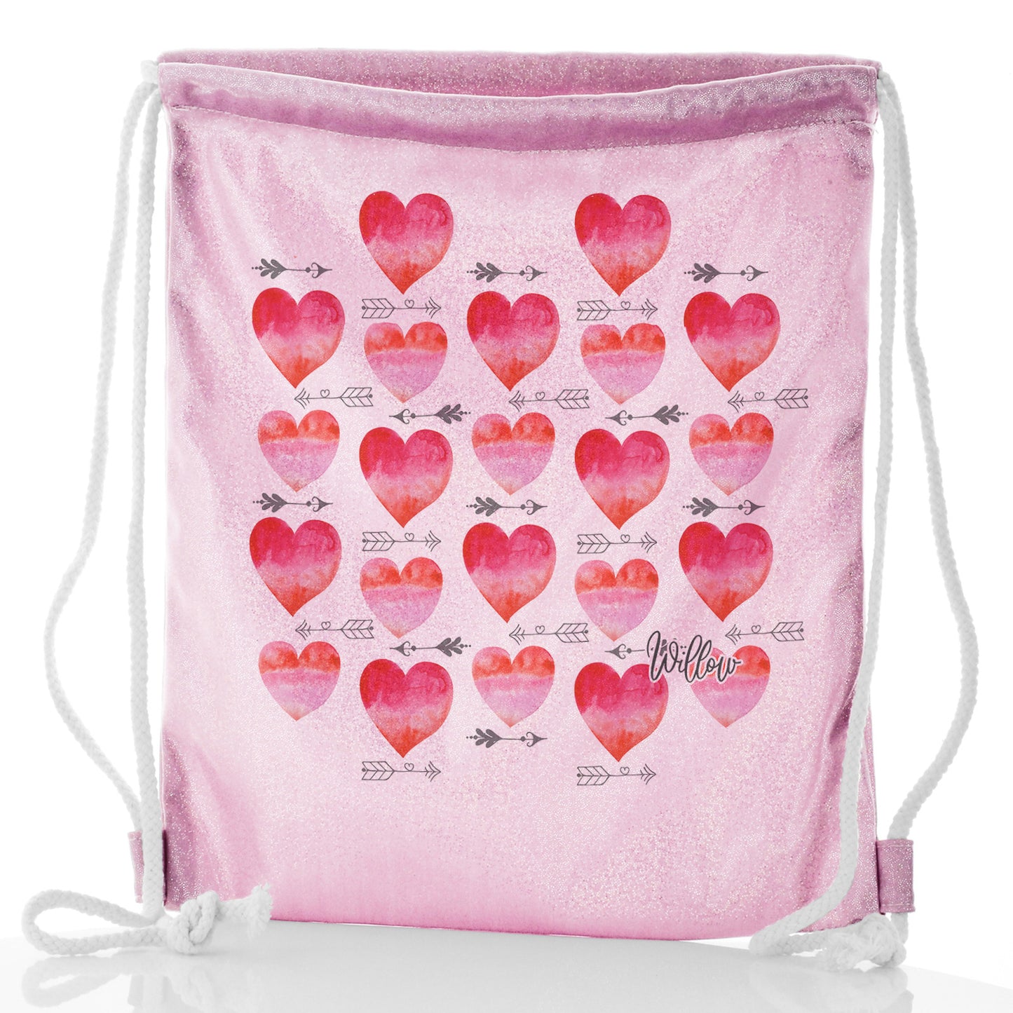 Personalised Glitter Drawstring Backpack with Stylish Text and Arrow Love Hearts Print