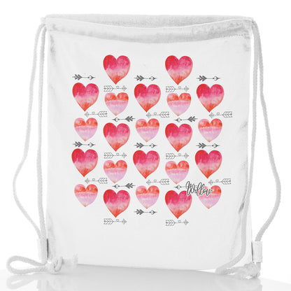 Personalisierter Glitzer-Rucksack mit Kordelzug und stilvollem Aufdruck mit Text und Pfeil-Liebesherzen