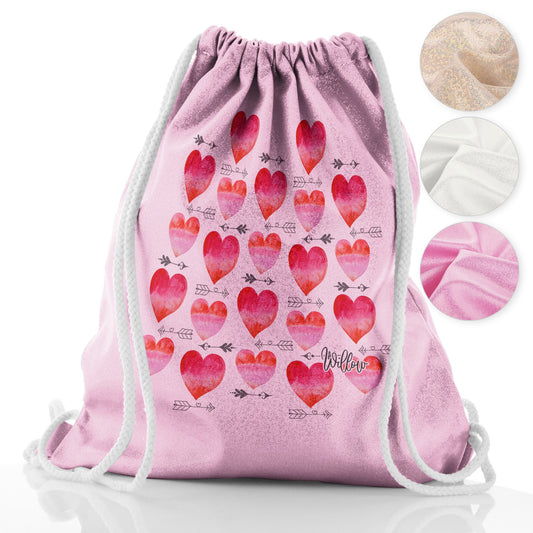Personalised Glitter Drawstring Backpack with Stylish Text and Arrow Love Hearts Print