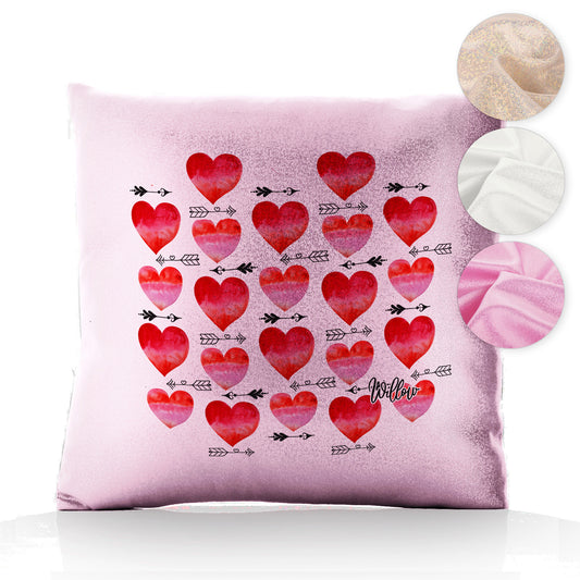 Personalised Glitter Cushion with Stylish Text and Arrow Love Hearts Print