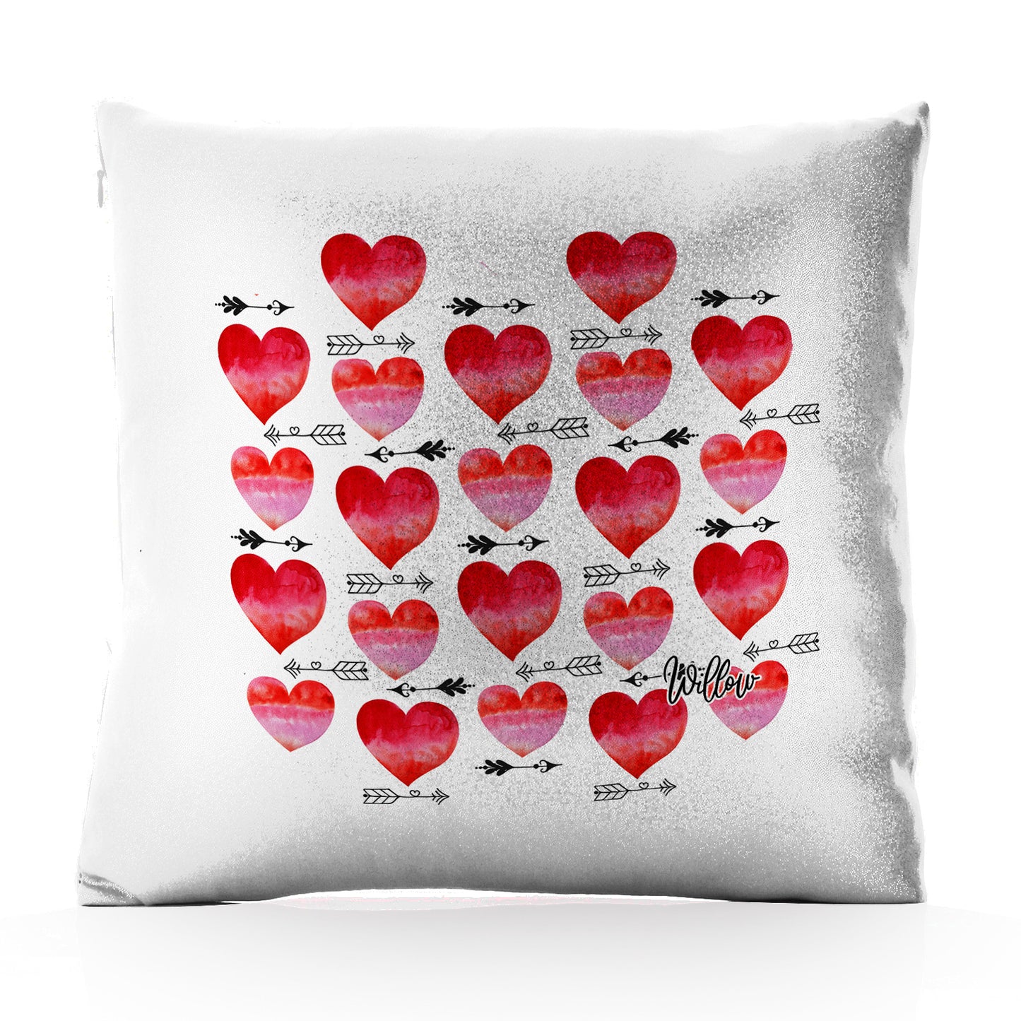 Personalised Glitter Cushion with Stylish Text and Arrow Love Hearts Print