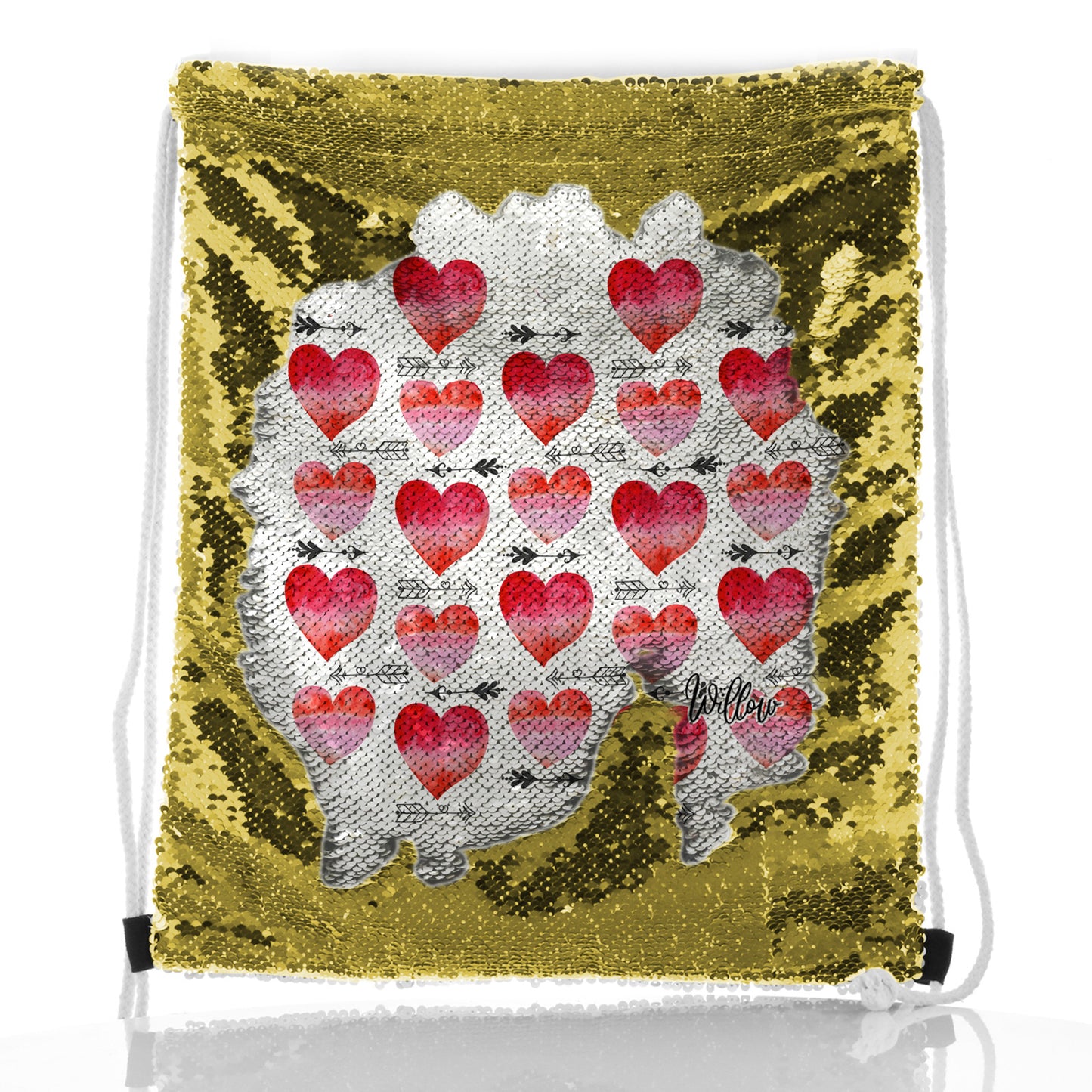 Personalised Sequin Drawstring Backpack with Stylish Text and Arrow Love Hearts Print