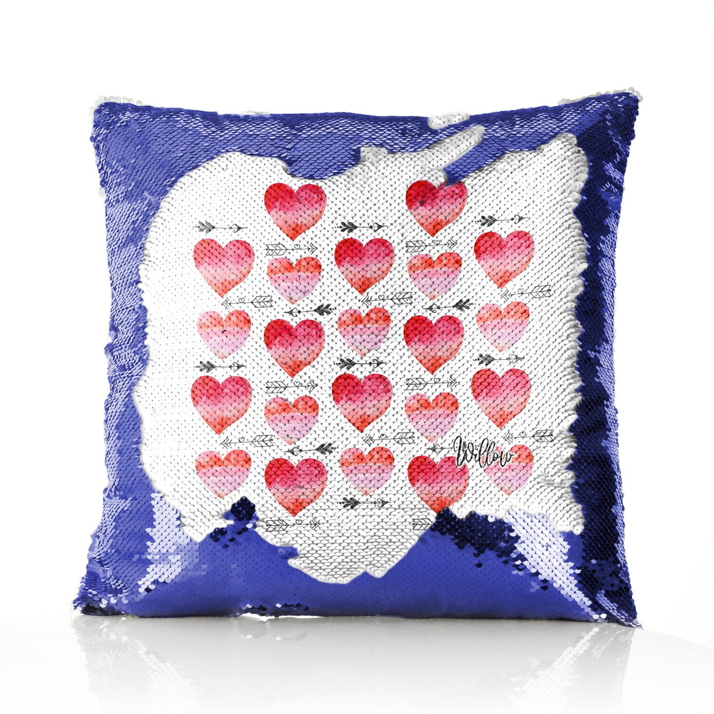 Personalised Sequin Cushion with Stylish Text and Arrow Love Hearts Print