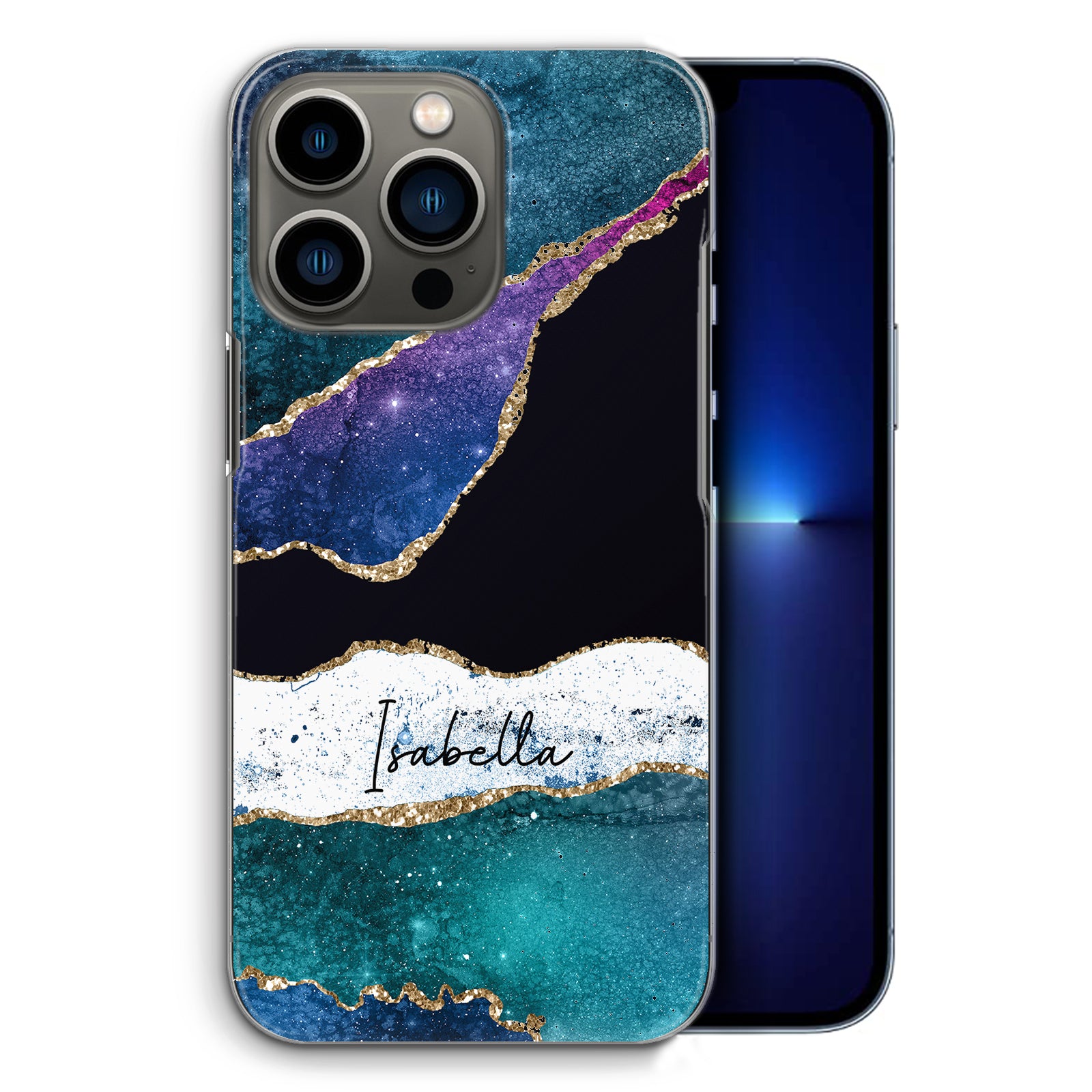 Personalised Apple iPhone Hard Case with Cute Custom Name on Blue Strip Infused Marble