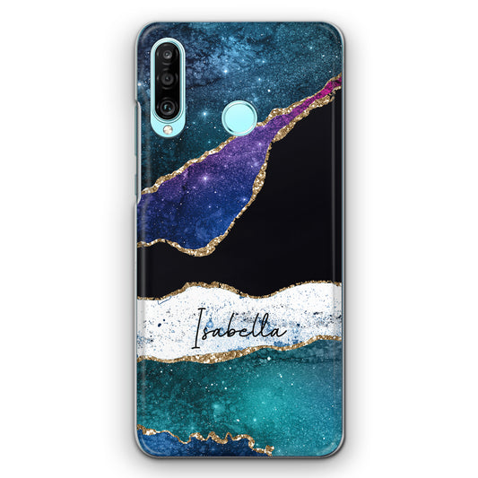 Personalised Motorola Phone Hard Case with Cute Custom Name on Blue Strip Infused Marble