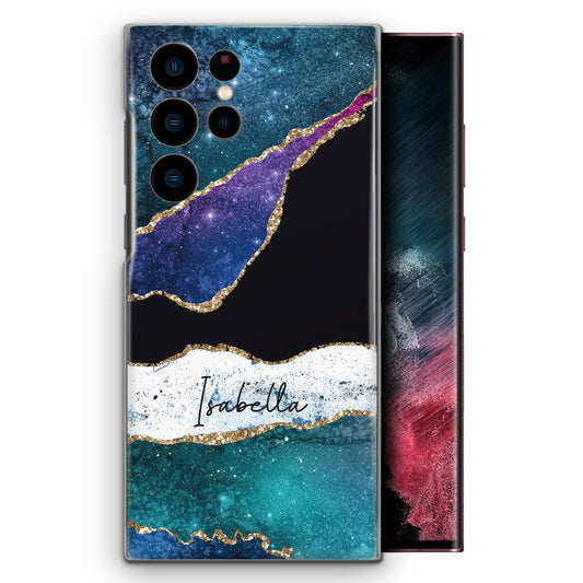 Personalised Samsung Phone Hard Case with Cute Custom Name on Blue Strip Infused Marble