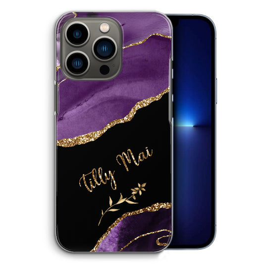 Personalised Apple iPhone Hard Case with Textured Name on Purple and Gold Marble