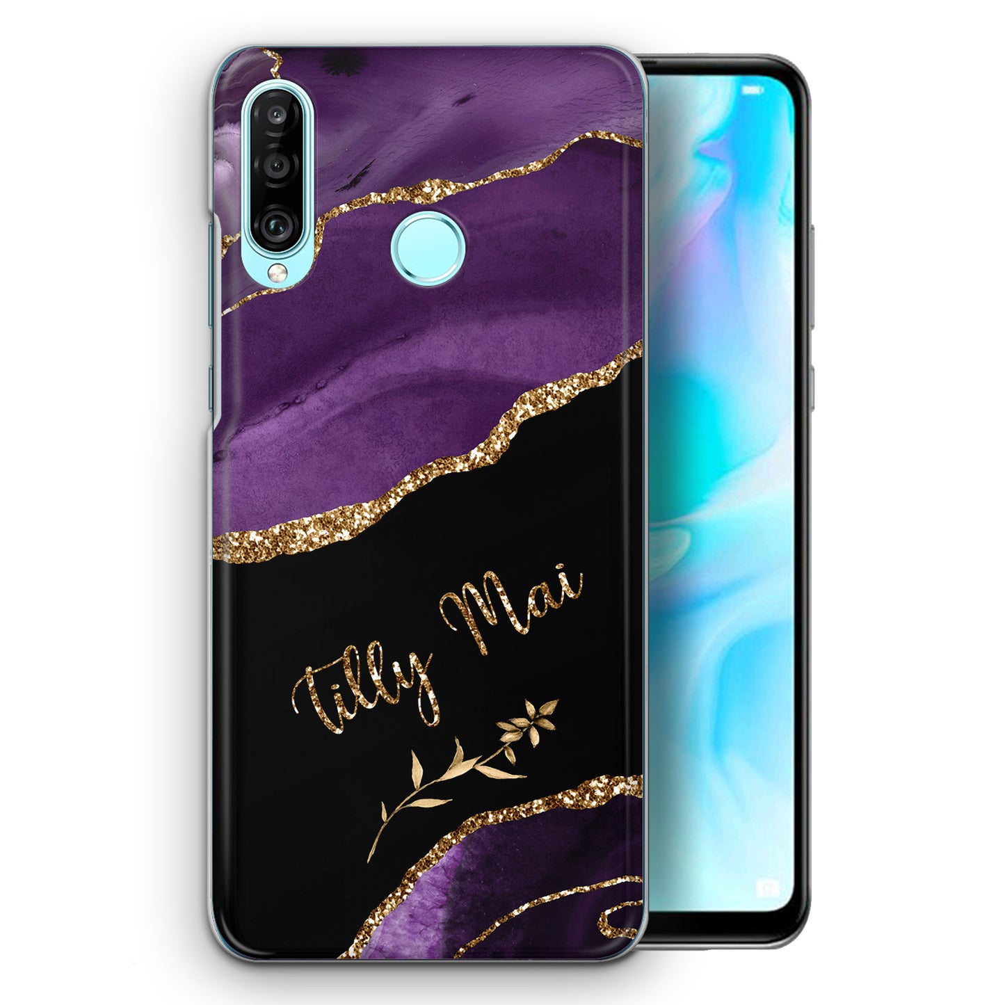 Personalised Huawei Phone Hard Case with Textured Name on Purple and Gold Marble