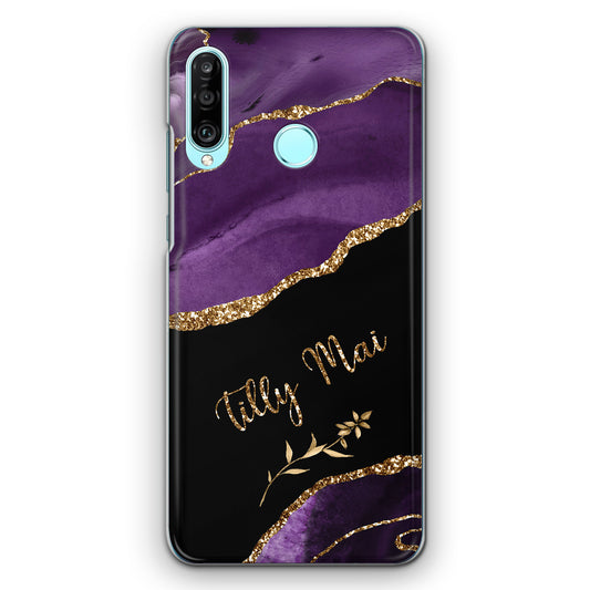 Personalised LG Phone Hard Case with Textured Name on Purple and Gold Marble