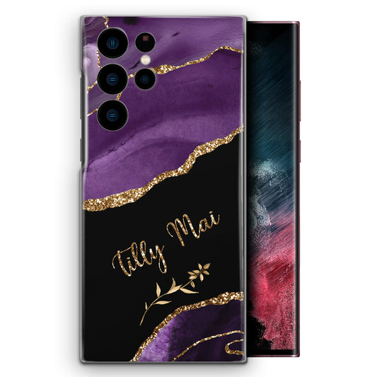 Personalised Samsung Phone Hard Case with Textured Name on Purple and Gold Marble