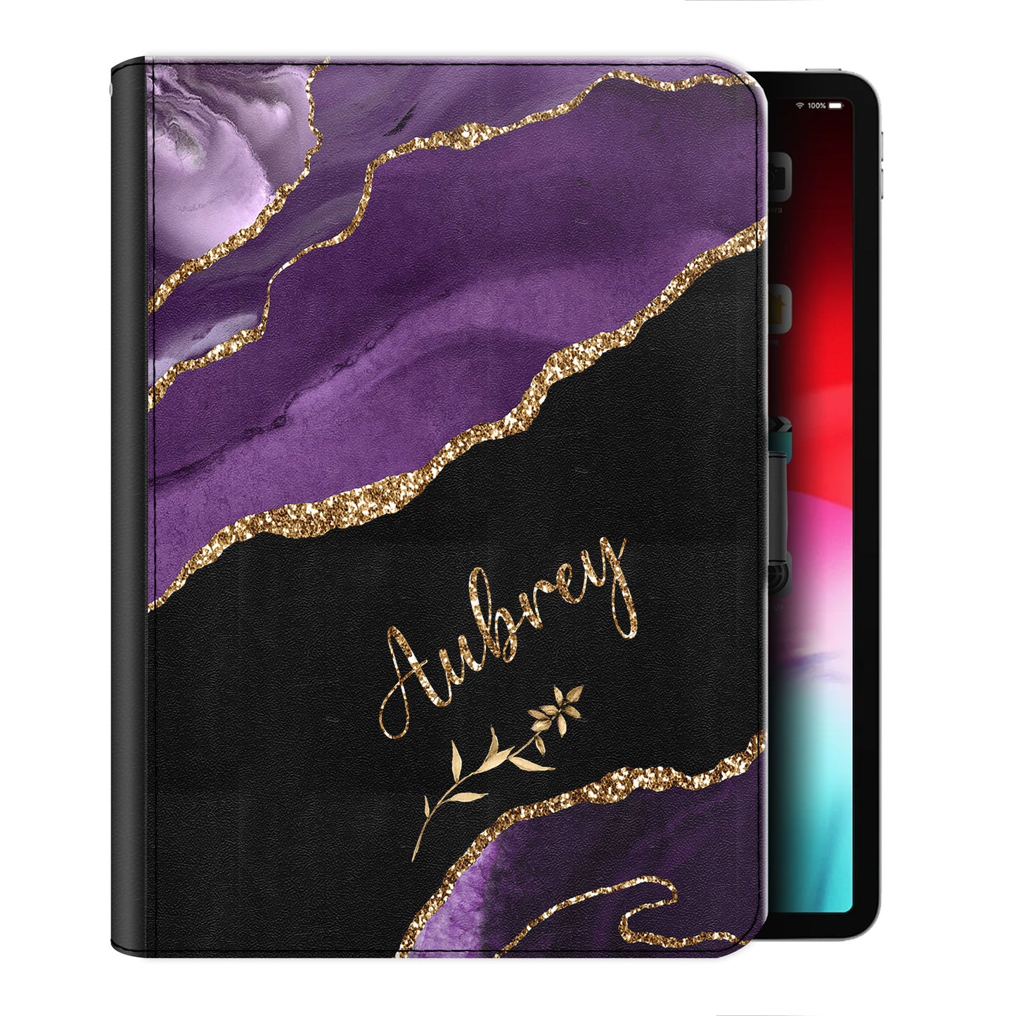 Personalised Leather iPad Case with Black and Purple Marble with Name