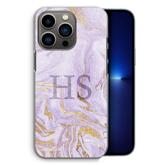 Personalised Apple iPhone Hard Case with Soft Block Initials on Lilac and Gold Marble