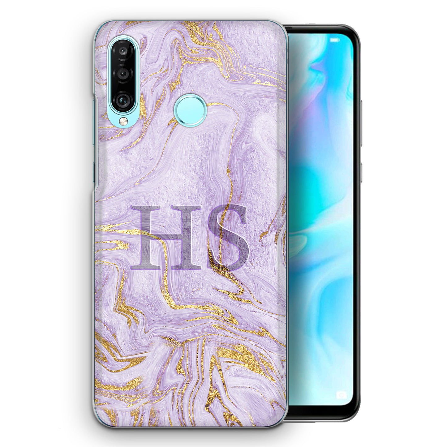 Personalised Honor Phone Hard Case with Soft Block Initials on Lilac and Gold Marble