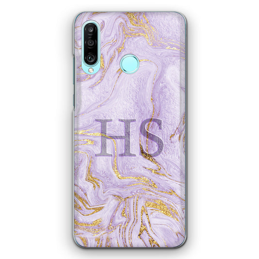 Personalised Motorola Phone Hard Case with Soft Block Initials on Lilac and Gold Marble
