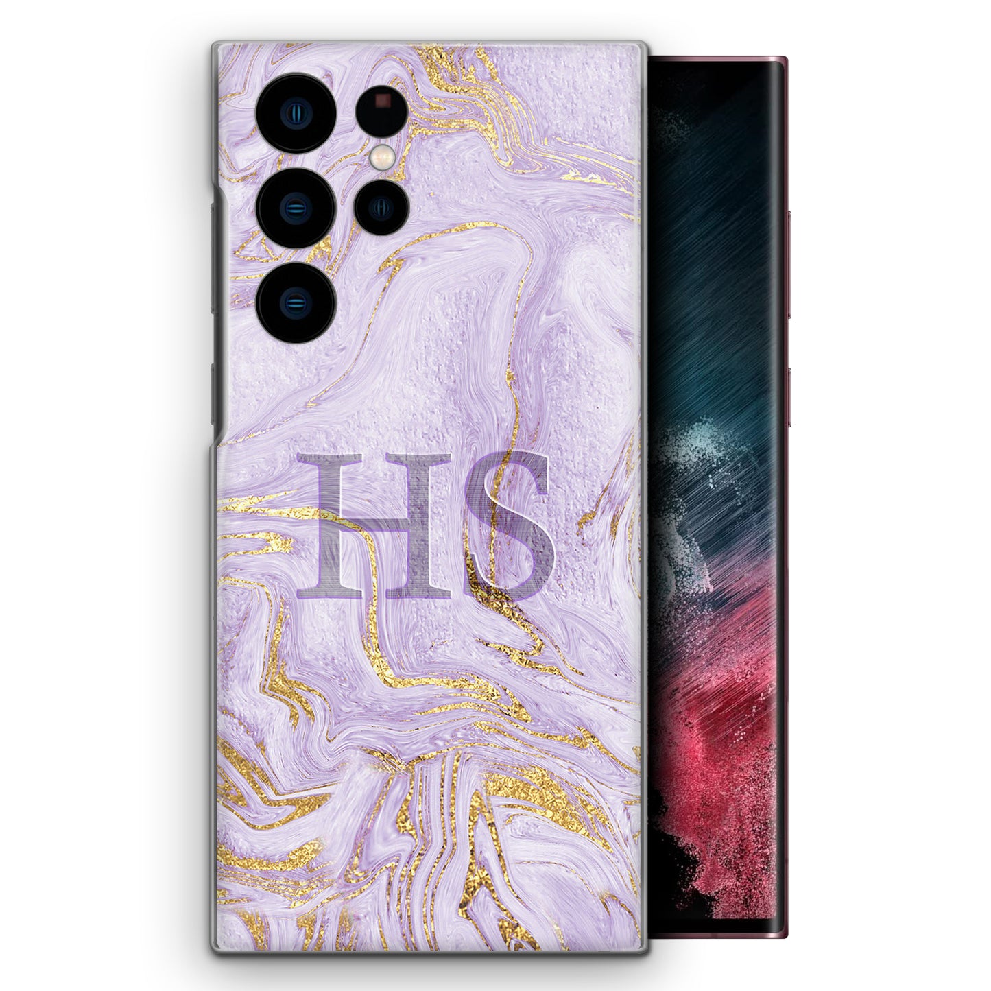 Personalised Samsung Phone Hard Case with Soft Block Initials on Lilac and Gold Marble