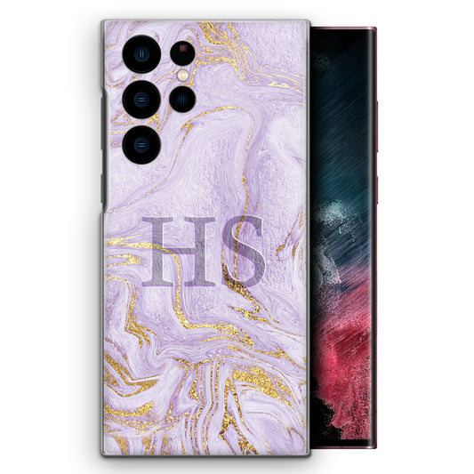 Personalised Samsung Phone Hard Case with Soft Block Initials on Lilac and Gold Marble