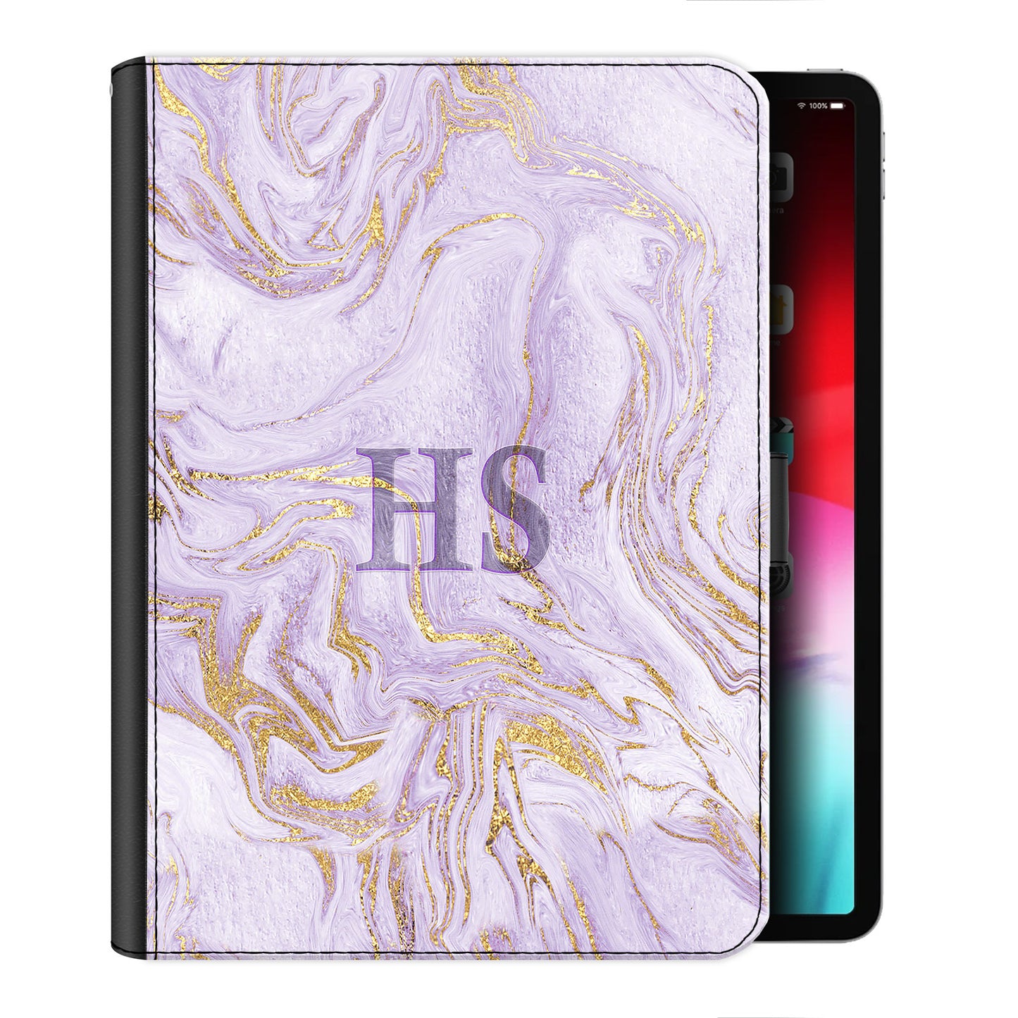 Personalised Leather iPad Case with Gold Infused Purple Marble with Monogram