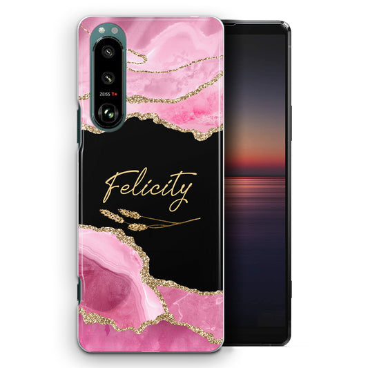 Personalised Sony Phone Hard Case with Stylish Custom Name on Rose Pink Marble