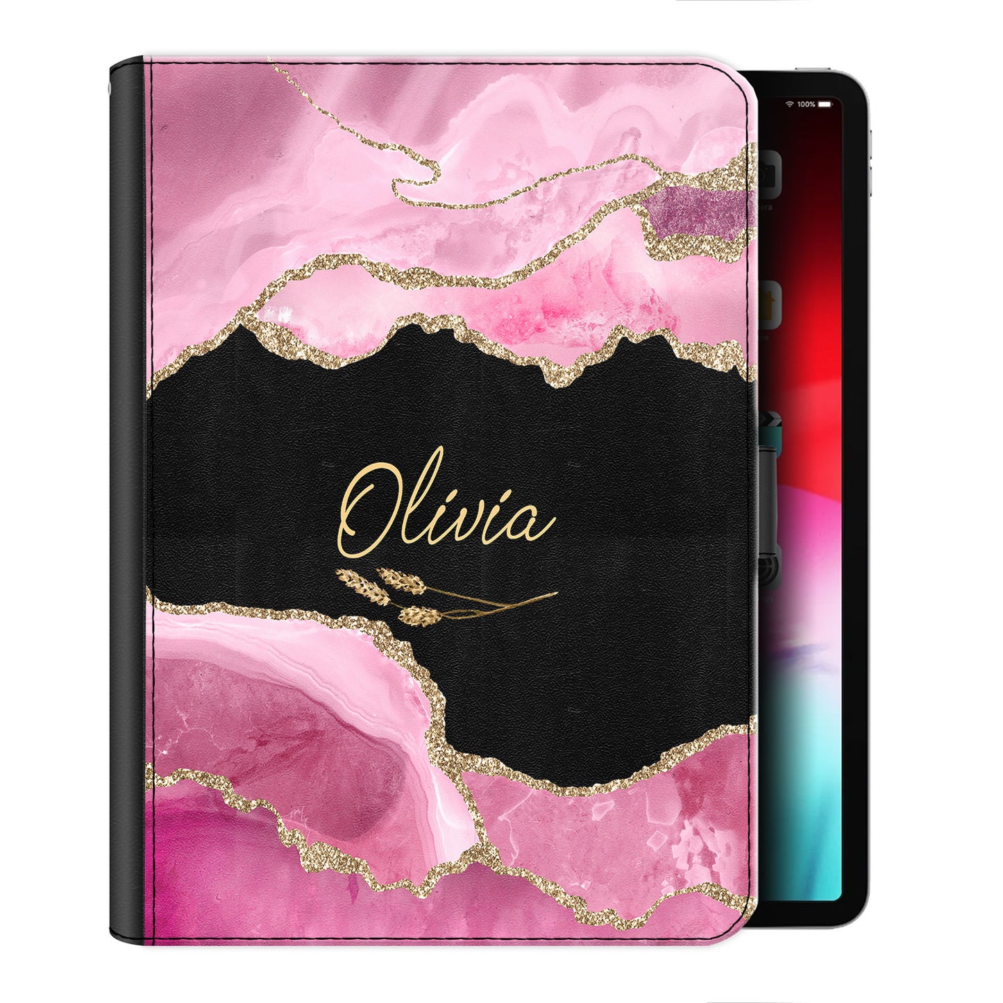 Personalised Leather iPad Case with Rose Pink and Black Marble with Name