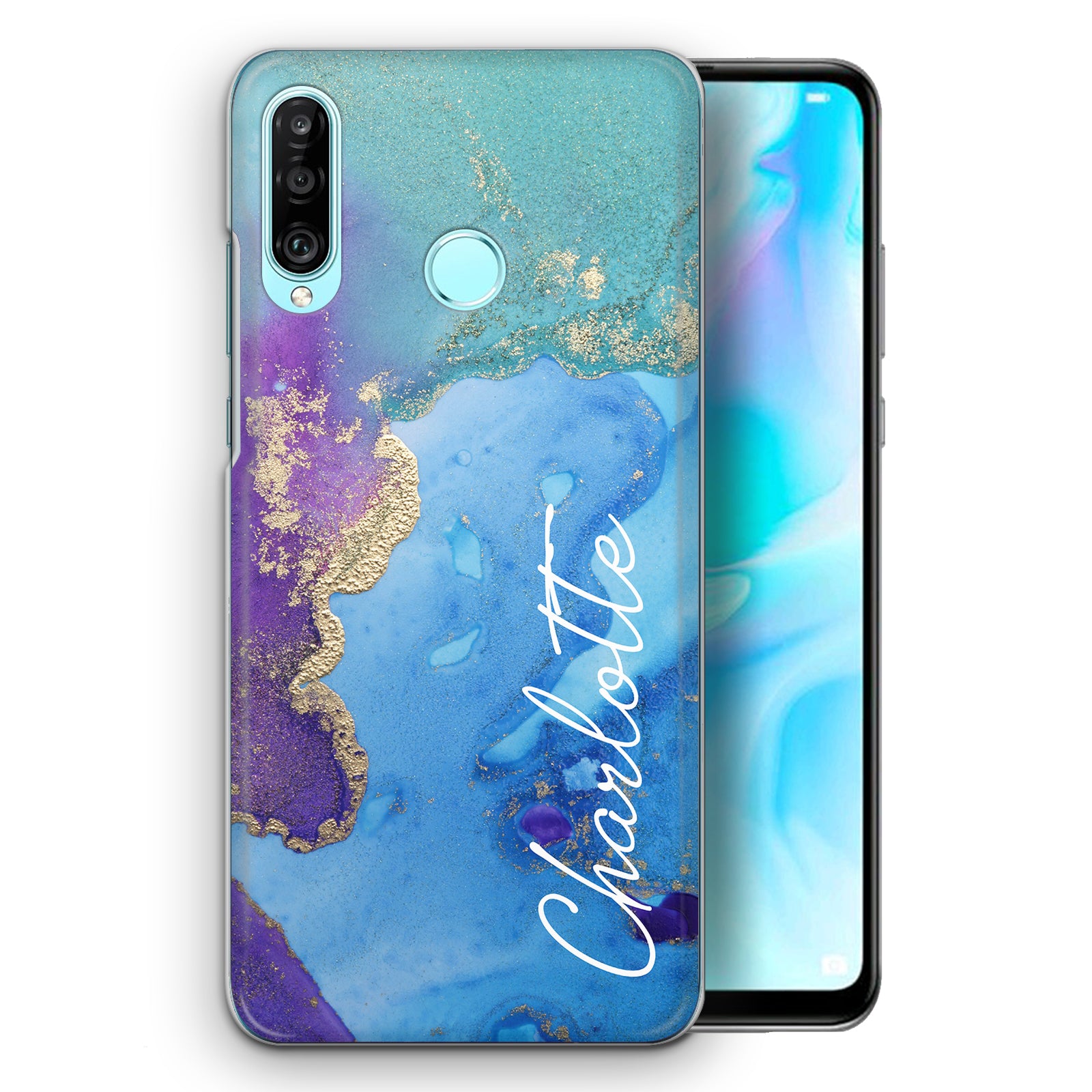 Personalised Honor Phone Hard Case with Stylish Script Name on Turquoise Infused Marble