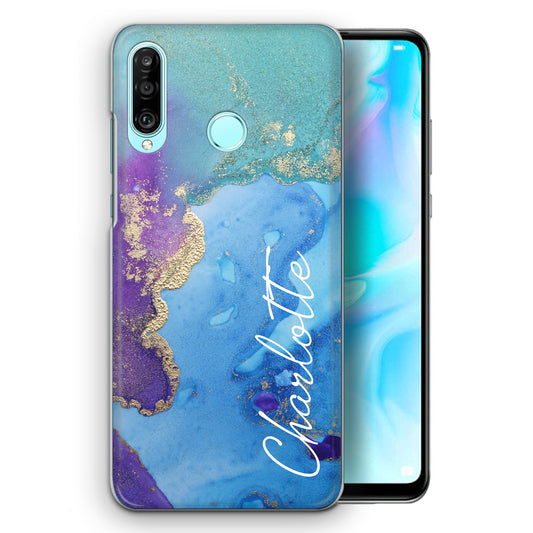 Personalised Huawei Phone Hard Case with Stylish Script Name on Turquoise Infused Marble