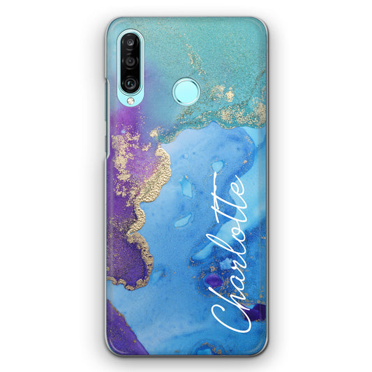 Personalised Oppo Phone Hard Case with Stylish Script Name on Turquoise Infused Marble