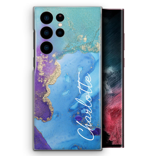 Personalised Samsung Phone Hard Case with Stylish Script Name on Turquoise Infused Marble