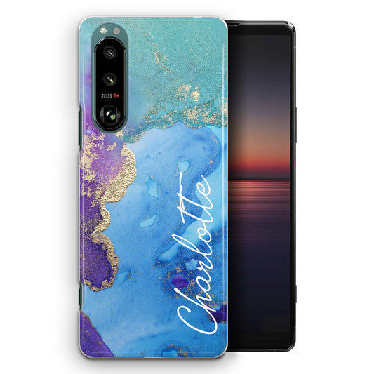 Personalised Sony Phone Hard Case with Stylish Script Name on Turquoise Infused Marble