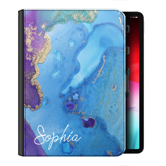 Personalised Leather iPad Case with Blue and Gold Infused Marble with Text