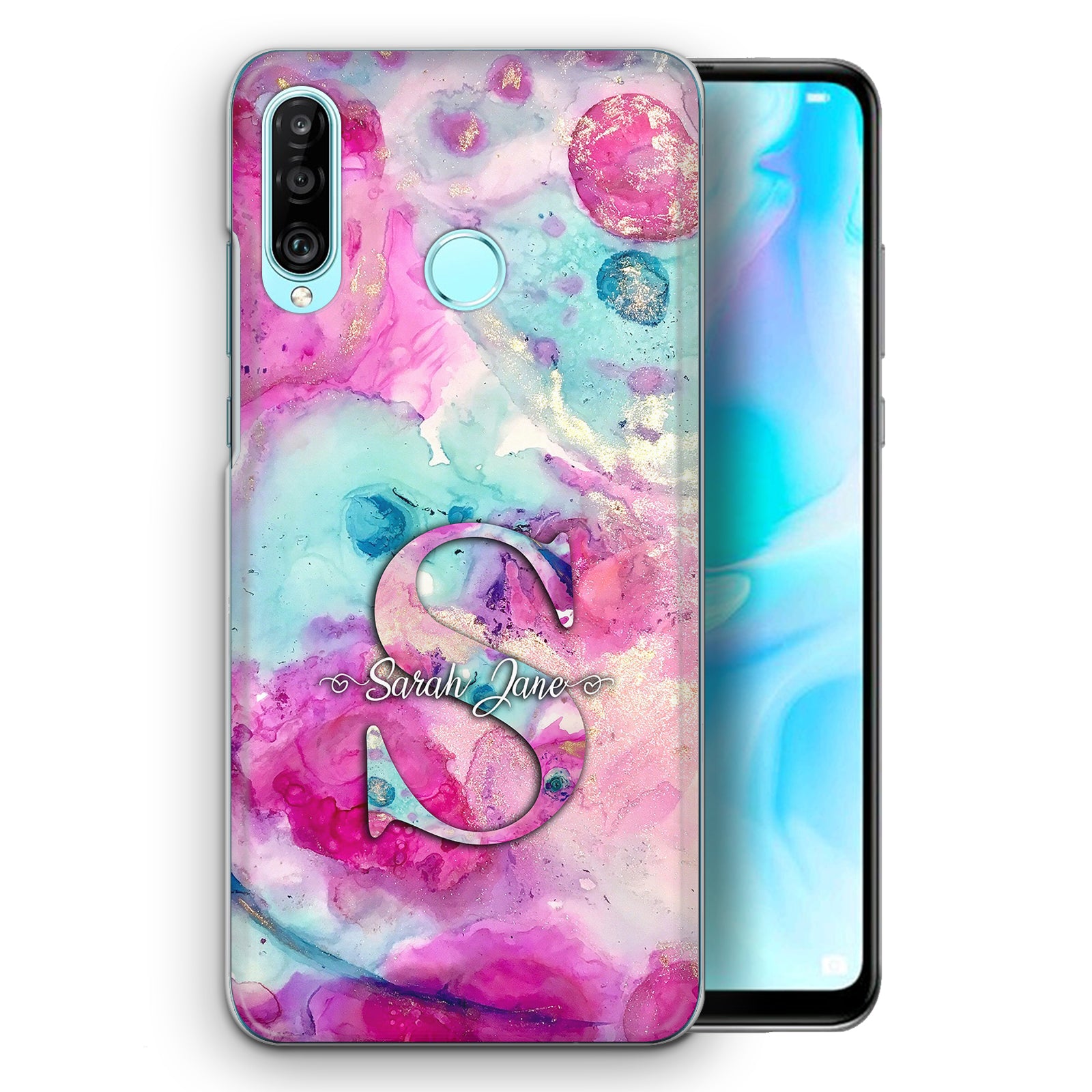 Personalised Honor Phone Hard Case with Textured Monogram and Name on Pink Swirl Marble