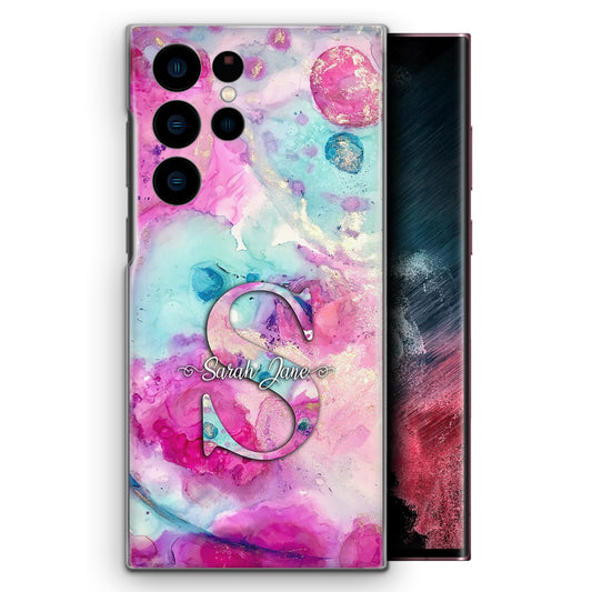 Personalised Samsung Phone Hard Case with Textured Monogram and Name on Pink Swirl Marble
