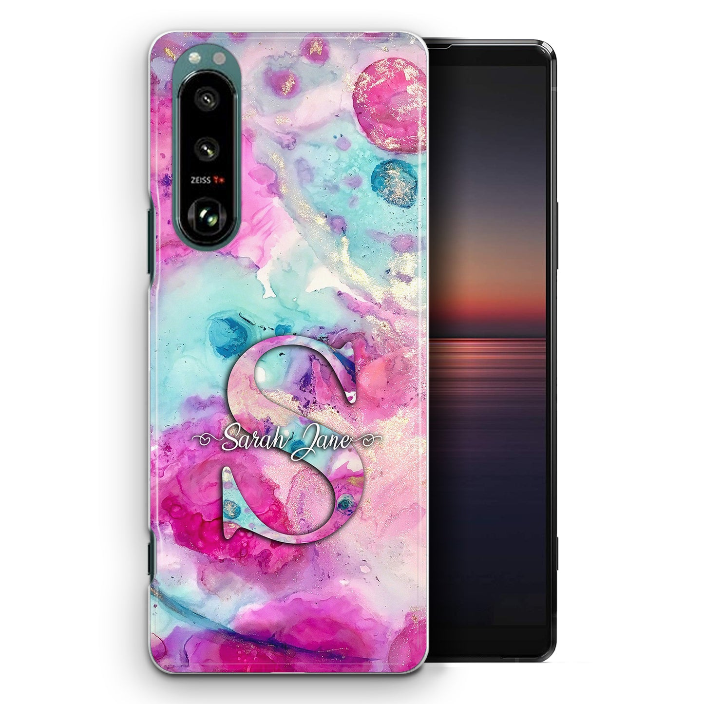 Personalised Sony Phone Hard Case with Textured Monogram and Name on Pink Swirl Marble