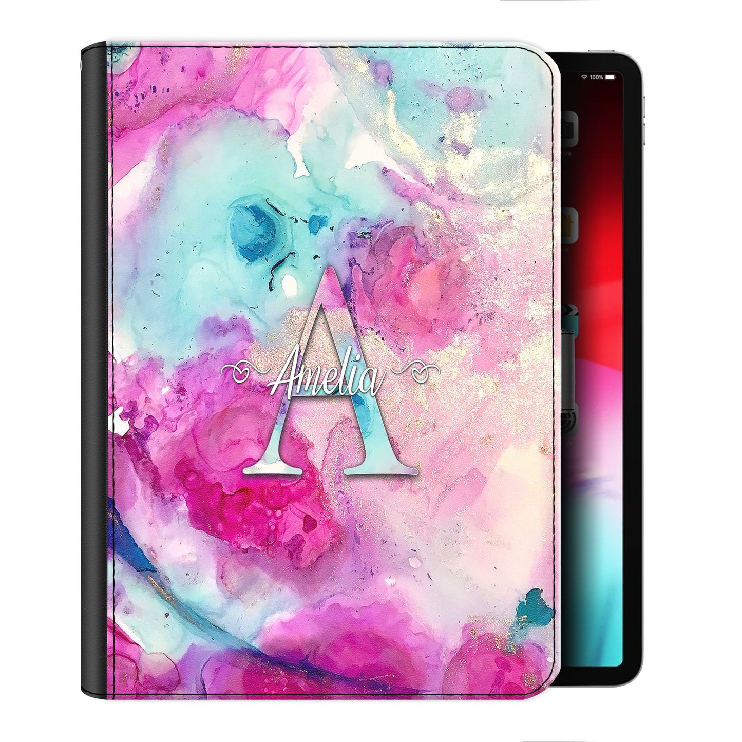 Personalised Leather iPad Case with Pink Multicolour Swirl Marble with Text