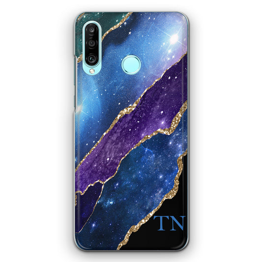 Personalised Xiaomi Phone Hard Case with Subtle Block Initials on Blue & Gold Strip Marble