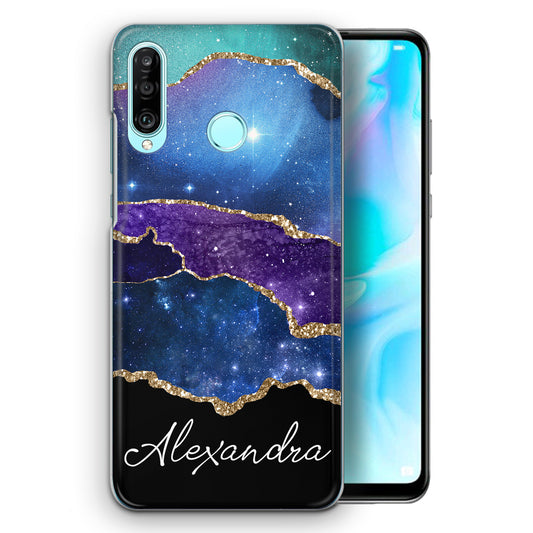 Personalised Honor Phone Hard Case with Stylish Script Name on Blue & Gold Strip Marble
