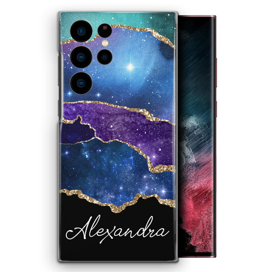 Personalised Samsung Phone Hard Case with Stylish Script Name on Blue & Gold Strip Marble